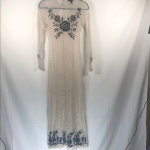 Elegant Cream Lace Layering Maxi Dress Black Floral Embroidery Boho Festival